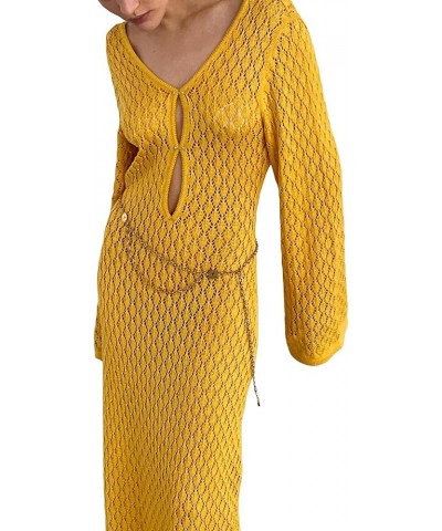 Women Hollow-Out Deep V-Neck Elegant Long Knit Dress Solid Color Long Sleeve Backless Fall Going Out Dress C Yellow $11.55 Dr...