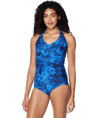 Women's Swimsuit One Piece V-Neck Shirred Halter Moderate Cut Turkish Sea $25.99 Swimsuits