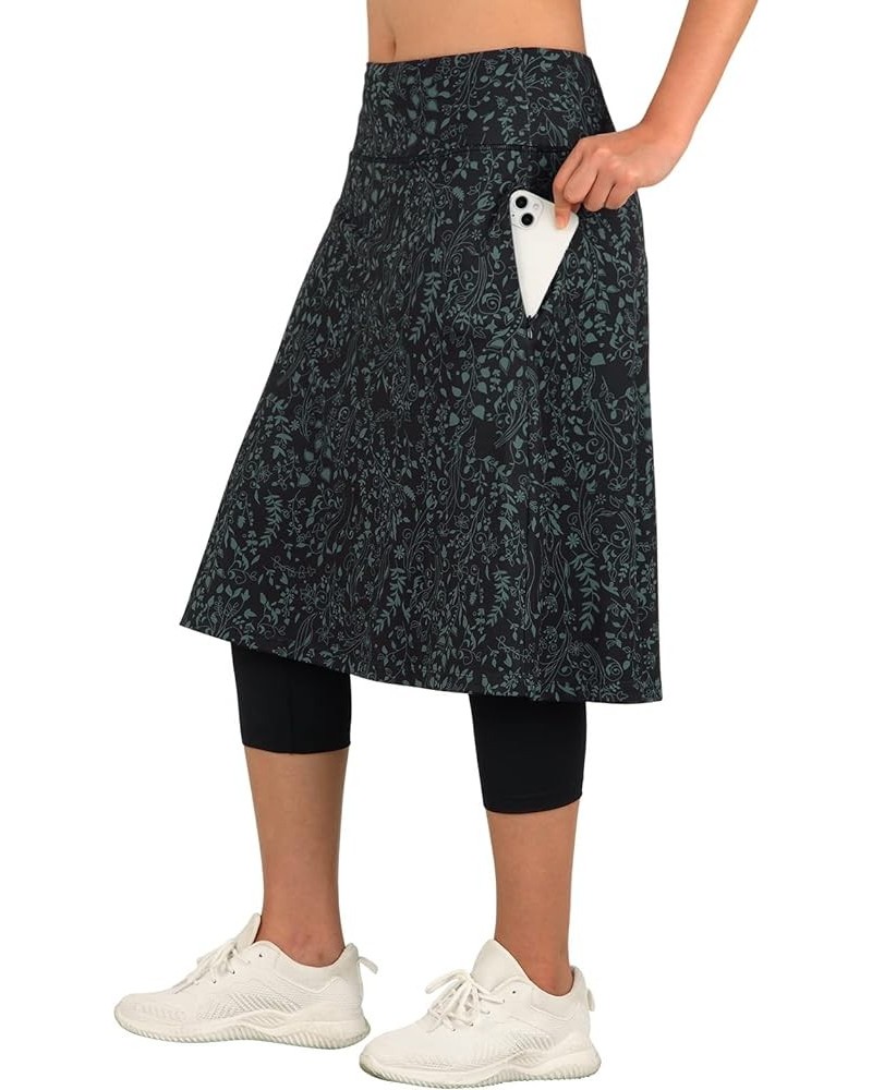 Women Long Knee Length Skirt with Capris Leggings,Skirted Leggings with High Waisted Zipper Pockets Deep-green Leaf $14.71 Le...