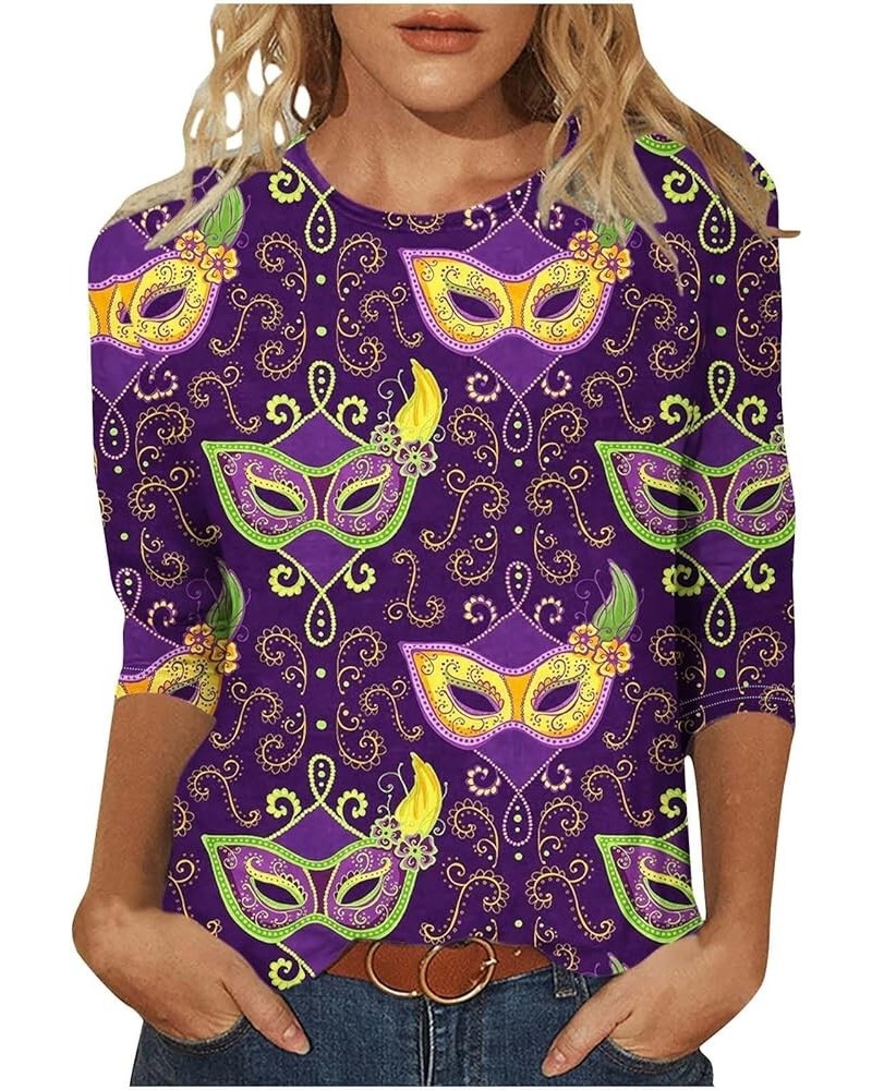 Mardi Gras Shirts for Women 2024 Trendy Mask Graphic 3/4 Sleeve Tops Carnival Theme Outfit Crewneck Parade Tunic Party Blouse...