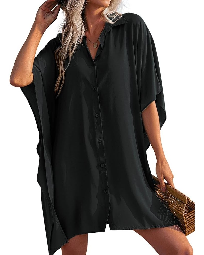 Women's Swimsuit Cover Up 3/4 Sleeve Beachwear Bikini Coverups Button Down Oversized Cover Up Shirt S-3XL Black $14.88 Swimsuits