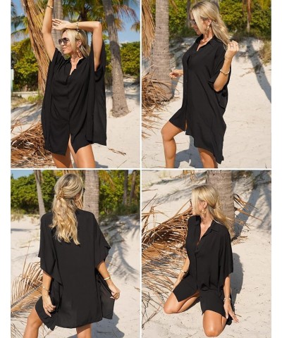 Women's Swimsuit Cover Up 3/4 Sleeve Beachwear Bikini Coverups Button Down Oversized Cover Up Shirt S-3XL Black $14.88 Swimsuits