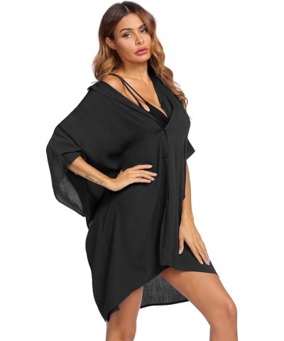 Women's Swimsuit Cover Up 3/4 Sleeve Beachwear Bikini Coverups Button Down Oversized Cover Up Shirt S-3XL Black $14.88 Swimsuits