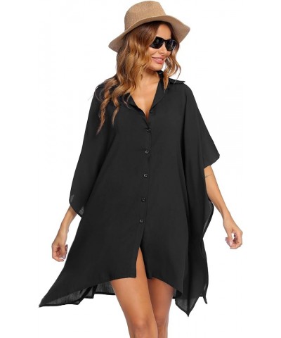 Women's Swimsuit Cover Up 3/4 Sleeve Beachwear Bikini Coverups Button Down Oversized Cover Up Shirt S-3XL Black $14.88 Swimsuits