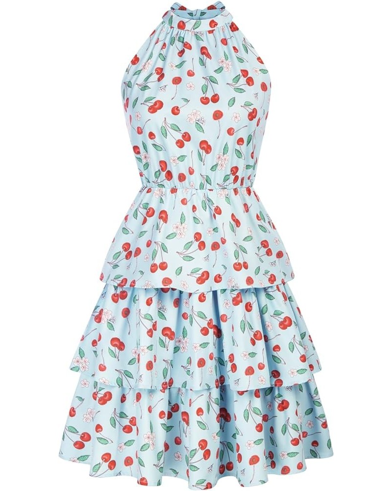 Women's Vintage Halter Neck Tiered Floral Ruffle Short Dress Sleeveless A line Swing Layered Mini Dress Blue-cherry $12.25 Dr...