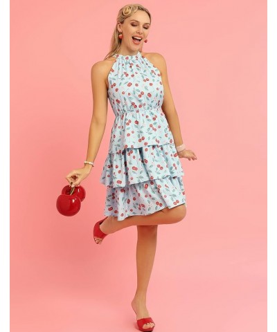 Women's Vintage Halter Neck Tiered Floral Ruffle Short Dress Sleeveless A line Swing Layered Mini Dress Blue-cherry $12.25 Dr...