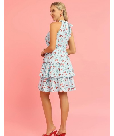 Women's Vintage Halter Neck Tiered Floral Ruffle Short Dress Sleeveless A line Swing Layered Mini Dress Blue-cherry $12.25 Dr...