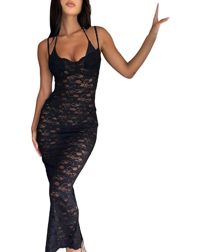 Womens Floral Lace Long Dress Spaghetti Strap See Through High Split Slip Sleeveless Mesh Cover Up Maxi Dresses N Bodycon Bla...