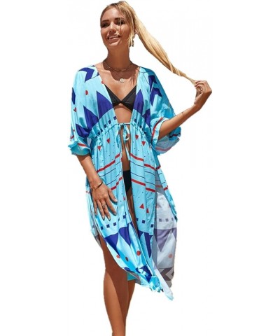 Women Loose Kimono Cardigans Floral Kaftans Cover up Caftan Blouses Beach Swimsuit 13-1-blue C $12.69 Swimsuits