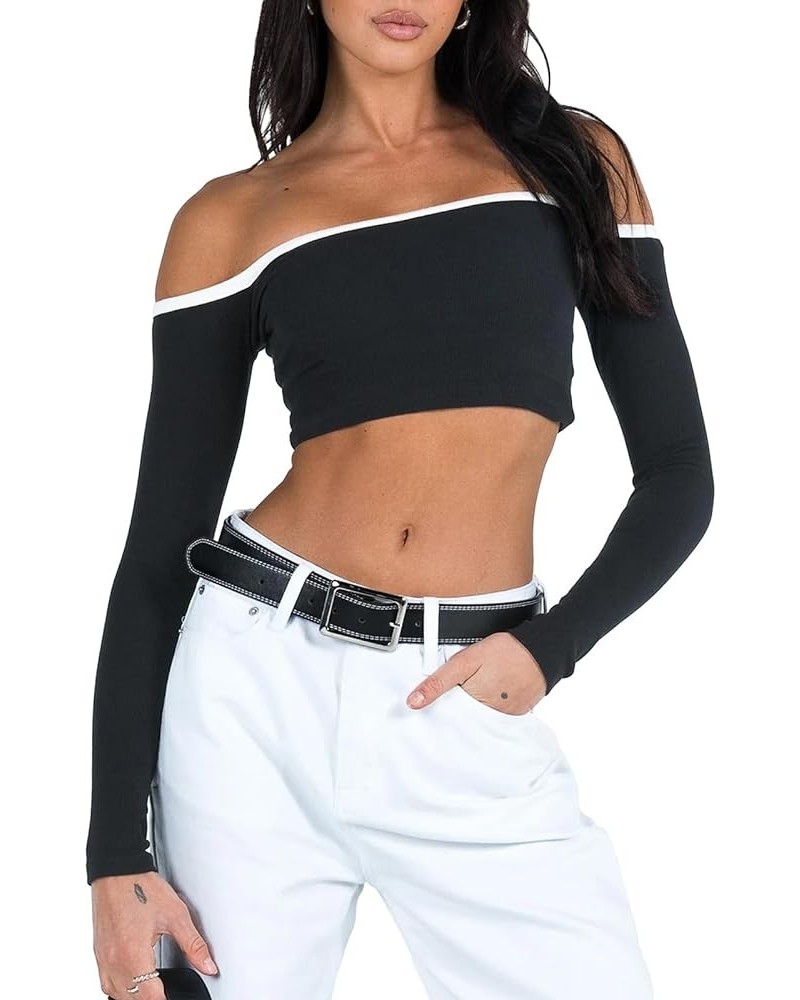 Sexy Off Shoulder Crop Tube Top for Women Long Sleeve Ruched Slim Fit Cropped Tee Backlesss One Shoulder Shirts Contrast Colo...