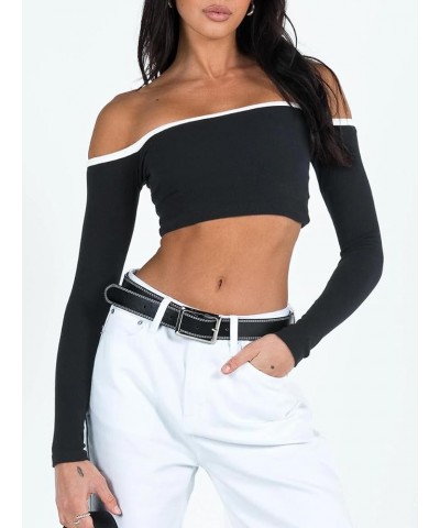 Sexy Off Shoulder Crop Tube Top for Women Long Sleeve Ruched Slim Fit Cropped Tee Backlesss One Shoulder Shirts Contrast Colo...