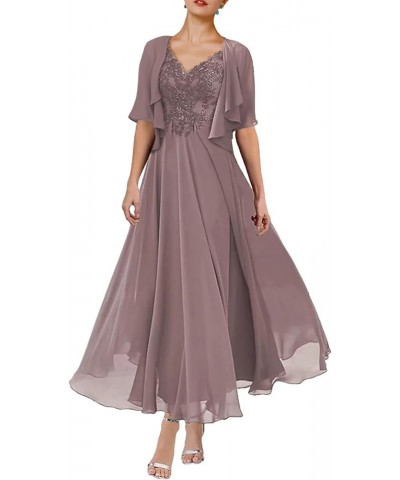 A-Line Mother of The Bride Dress Formal V Neck Tea Length Wedding Guest Dresses with Pleats Appliques 2023 JS052 Dusk $60.48 ...