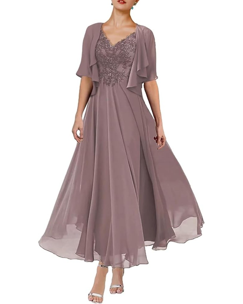 A-Line Mother of The Bride Dress Formal V Neck Tea Length Wedding Guest Dresses with Pleats Appliques 2023 JS052 Dusk $60.48 ...