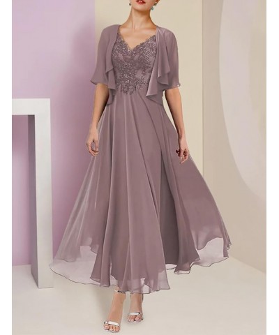 A-Line Mother of The Bride Dress Formal V Neck Tea Length Wedding Guest Dresses with Pleats Appliques 2023 JS052 Dusk $60.48 ...