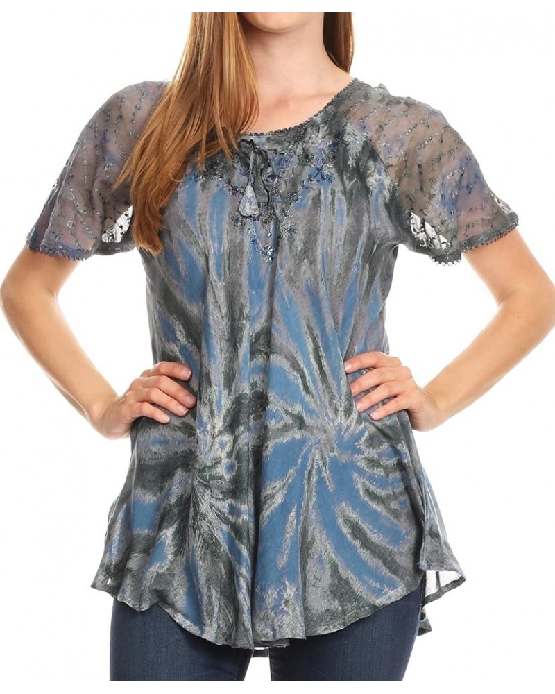 Marzia Women's Loose Fit Short Sleeve Casual Tie Dye Batik Blouse Top Tunic 19211-gray $17.66 Blouses