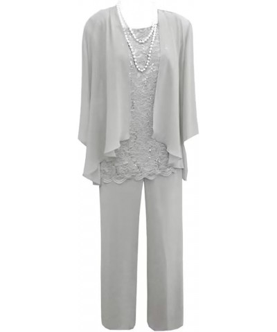 3 Piece Mother of The Bride Pant Suits for Wedding Chiffon Lace Long Sleeve Formal Evening Party Gown with Jacket Silver $26....