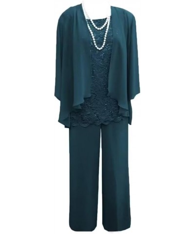 3 Piece Mother of The Bride Pant Suits for Wedding Chiffon Lace Long Sleeve Formal Evening Party Gown with Jacket Silver $26....