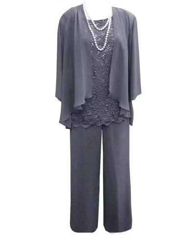 3 Piece Mother of The Bride Pant Suits for Wedding Chiffon Lace Long Sleeve Formal Evening Party Gown with Jacket Silver $26....