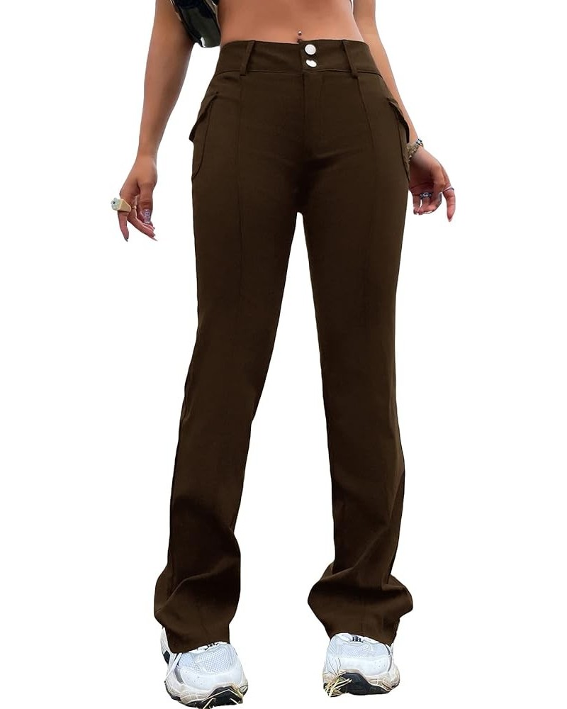 Women's High Waist Bootcut Flare Leg Pants with Pocket Brown $12.18 Pants