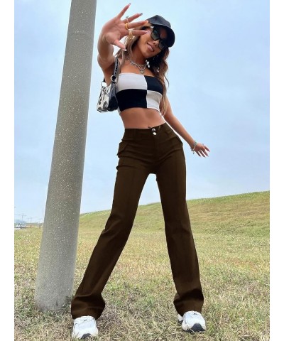 Women's High Waist Bootcut Flare Leg Pants with Pocket Brown $12.18 Pants