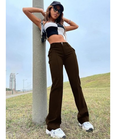 Women's High Waist Bootcut Flare Leg Pants with Pocket Brown $12.18 Pants