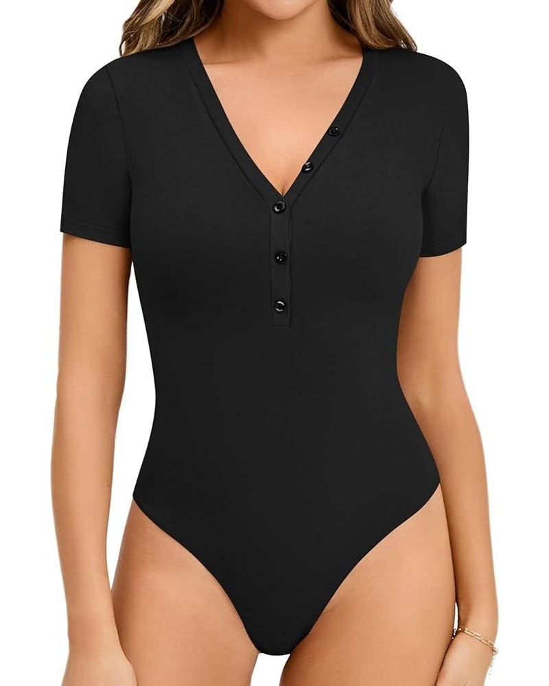 Bodysuits for Women Short Sleeve Bodysuit Button-Design V Neck Body Suit Bodysuit Tops Going Out Black $14.24 Bodysuits