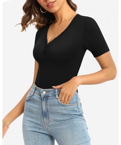 Bodysuits for Women Short Sleeve Bodysuit Button-Design V Neck Body Suit Bodysuit Tops Going Out Black $14.24 Bodysuits