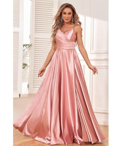 Satin Bridesmaid Dresses with Slit V Neck Spaghetti Strap Ruched Long Evening Prom Dress Grey $37.69 Dresses