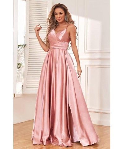 Satin Bridesmaid Dresses with Slit V Neck Spaghetti Strap Ruched Long Evening Prom Dress Grey $37.69 Dresses