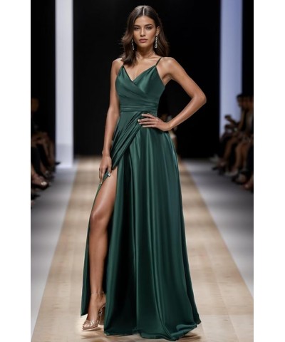 Satin Bridesmaid Dresses with Slit V Neck Spaghetti Strap Ruched Long Evening Prom Dress Grey $37.69 Dresses