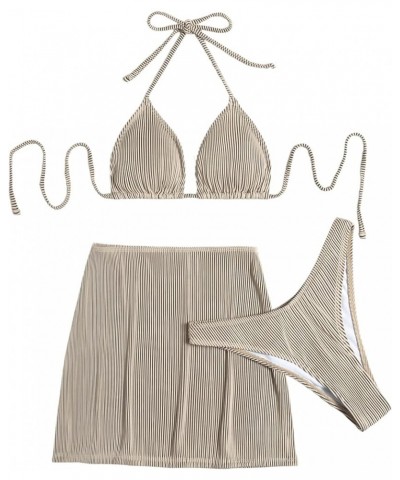 Women's 3 Piece Zebra Striped Bikini Swimsuit Set & Beach Skirt Set Bathing Suit Khaki $20.51 Swimsuits