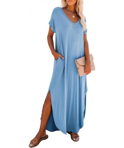 Womens Summer 2024 Fashion Long Dress Short Sleeve Casual Loose Split Maxi Beach Dresses with Pockets Mist Blue $16.11 Dresses