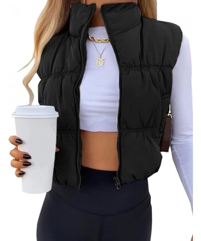 Womens Cropped Puffer Vest Zip Up Stand Collar Sleeveless Padded Cropped Vest Black $23.00 Vests