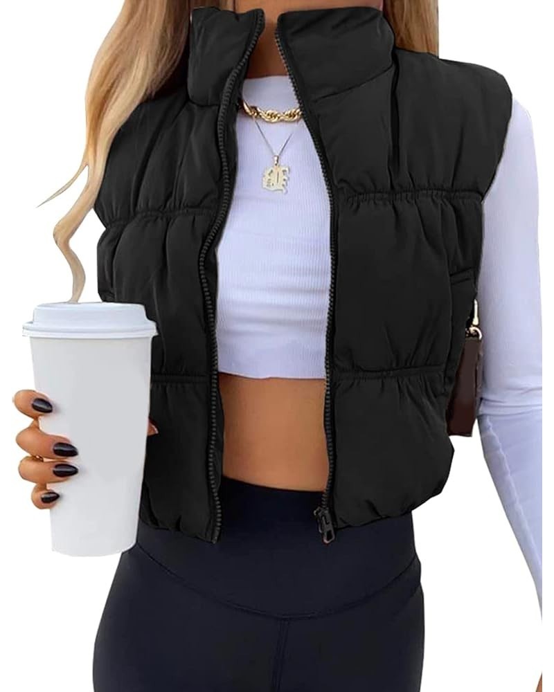 Womens Cropped Puffer Vest Zip Up Stand Collar Sleeveless Padded Cropped Vest Black $23.00 Vests