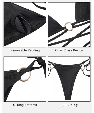 String Bikini Sets for Women Ribbed Halter Two Piece Swimsuit Sexy Triangle O Ring Strappy Thong Cheeky Bathing Suit Black $1...