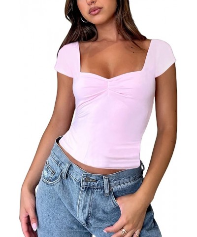 Women Basic Short Sleeve Cropped Shirts Square Neck Ribbed Slim Fit Tee Tops Solid Color Blouse Streetwear 04-ruched Pink $7....