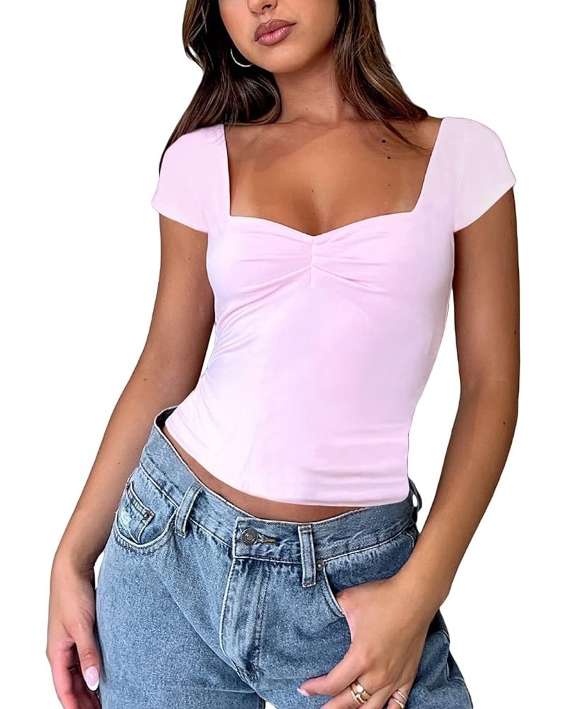 Women Basic Short Sleeve Cropped Shirts Square Neck Ribbed Slim Fit Tee Tops Solid Color Blouse Streetwear 04-ruched Pink $7....