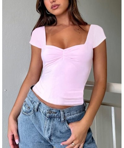 Women Basic Short Sleeve Cropped Shirts Square Neck Ribbed Slim Fit Tee Tops Solid Color Blouse Streetwear 04-ruched Pink $7....