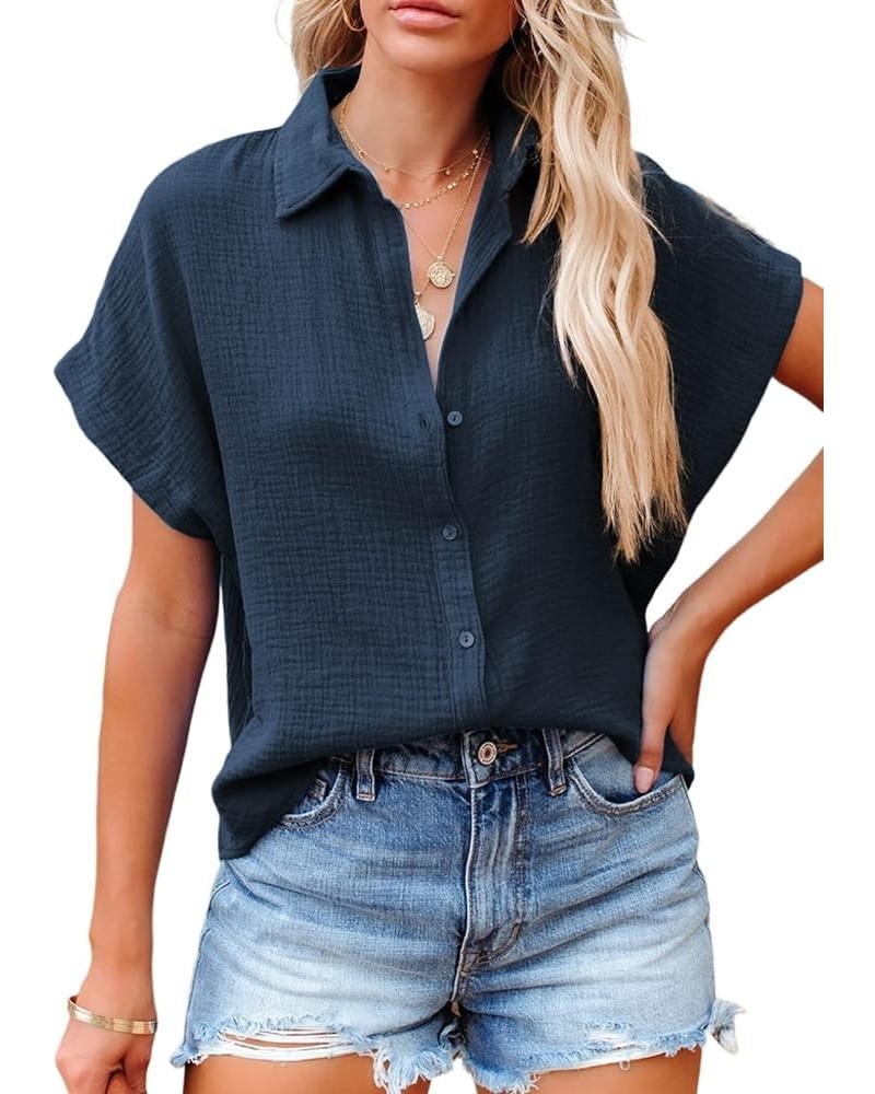 Casual V Neck Button Down Shirts for Women Solid Short Sleeve Blouse Tops 1 Navy Blue $13.49 Blouses