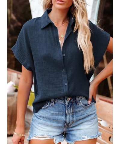 Casual V Neck Button Down Shirts for Women Solid Short Sleeve Blouse Tops 1 Navy Blue $13.49 Blouses