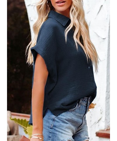 Casual V Neck Button Down Shirts for Women Solid Short Sleeve Blouse Tops 1 Navy Blue $13.49 Blouses