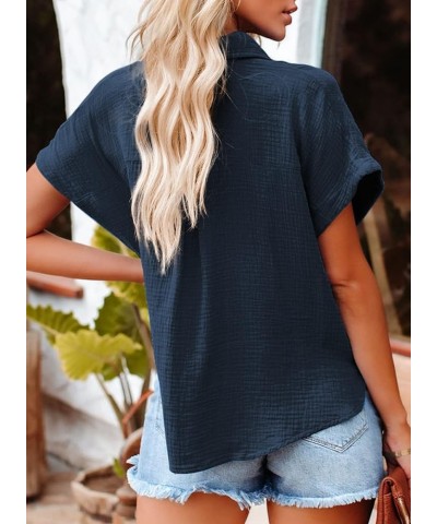 Casual V Neck Button Down Shirts for Women Solid Short Sleeve Blouse Tops 1 Navy Blue $13.49 Blouses