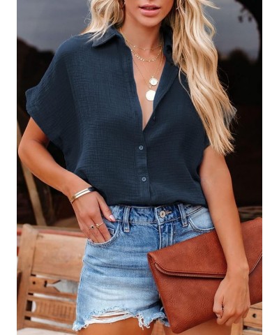 Casual V Neck Button Down Shirts for Women Solid Short Sleeve Blouse Tops 1 Navy Blue $13.49 Blouses