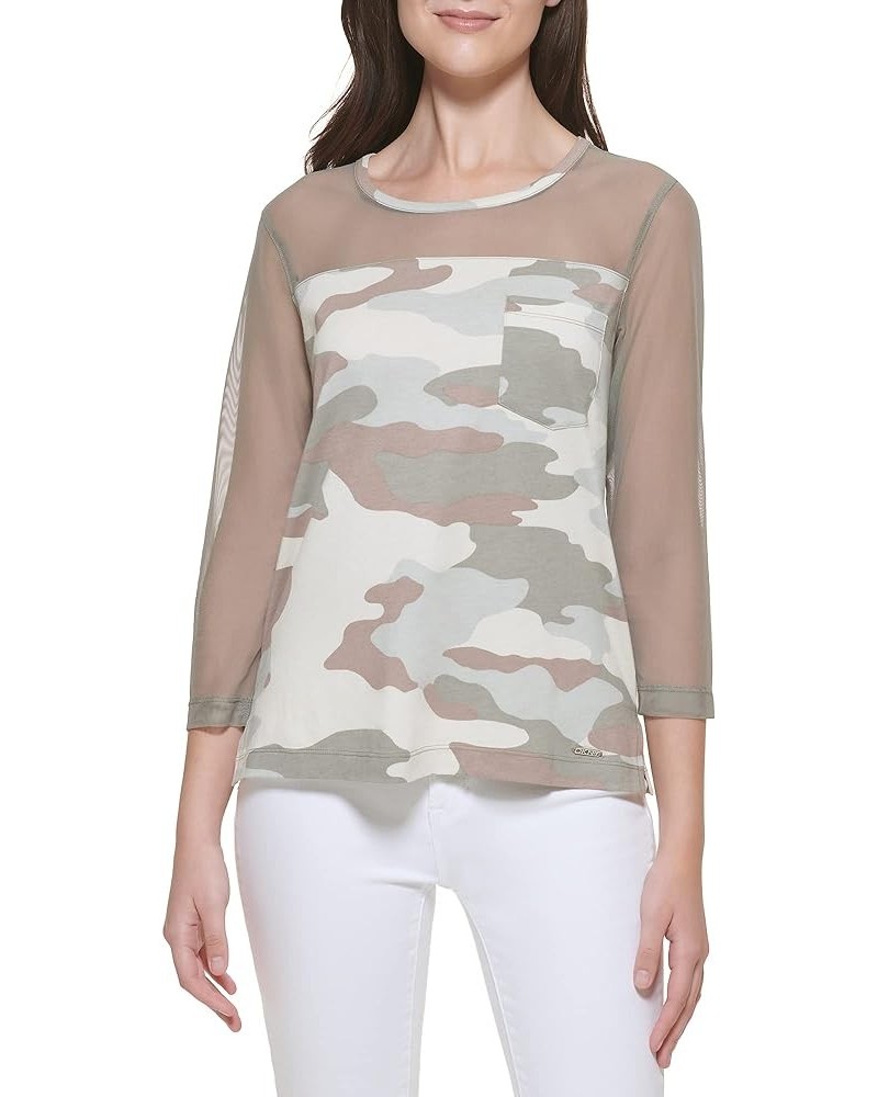 Women's Camo Chest Pocket Sheer Sportswear Top Thyme/Parchment Thyme Multi $8.68 T-Shirts