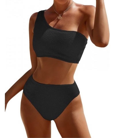 One Shoulder Bikini Sets for Women High Waisted Full Coverage Swimsuit Ribbed Push Up Two Pieces Bathing Suits Black $15.68 S...