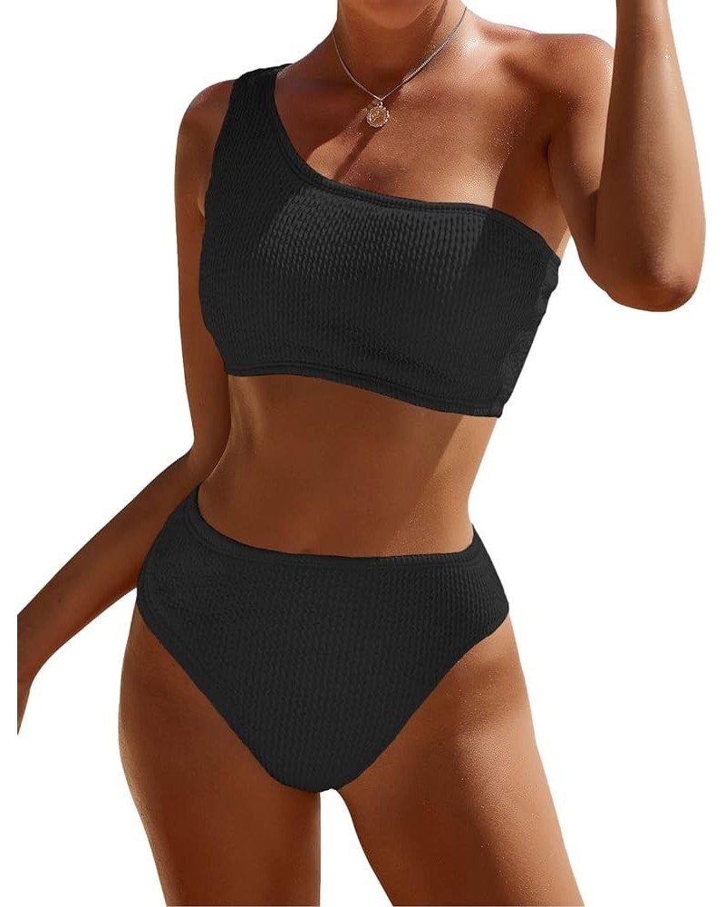 One Shoulder Bikini Sets for Women High Waisted Full Coverage Swimsuit Ribbed Push Up Two Pieces Bathing Suits Black $15.68 S...