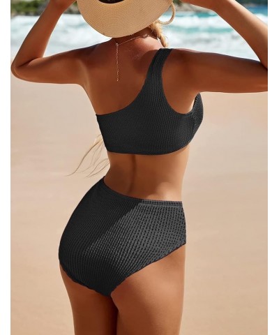 One Shoulder Bikini Sets for Women High Waisted Full Coverage Swimsuit Ribbed Push Up Two Pieces Bathing Suits Black $15.68 S...