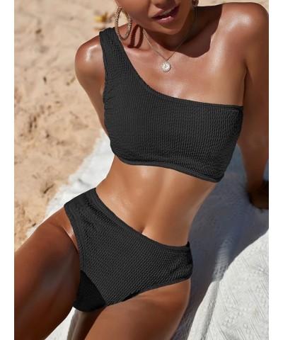 One Shoulder Bikini Sets for Women High Waisted Full Coverage Swimsuit Ribbed Push Up Two Pieces Bathing Suits Black $15.68 S...