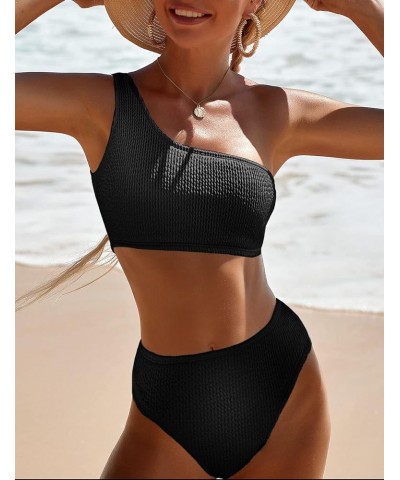 One Shoulder Bikini Sets for Women High Waisted Full Coverage Swimsuit Ribbed Push Up Two Pieces Bathing Suits Black $15.68 S...