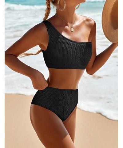 One Shoulder Bikini Sets for Women High Waisted Full Coverage Swimsuit Ribbed Push Up Two Pieces Bathing Suits Black $15.68 S...